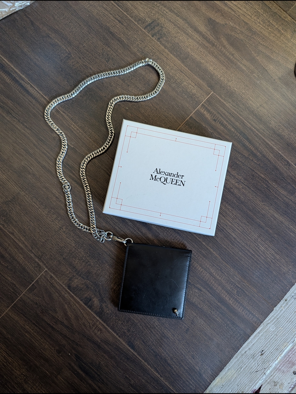 Alexander McQueen Silver Chunky Curb Chain Skull Black Leather Bifold Wallet